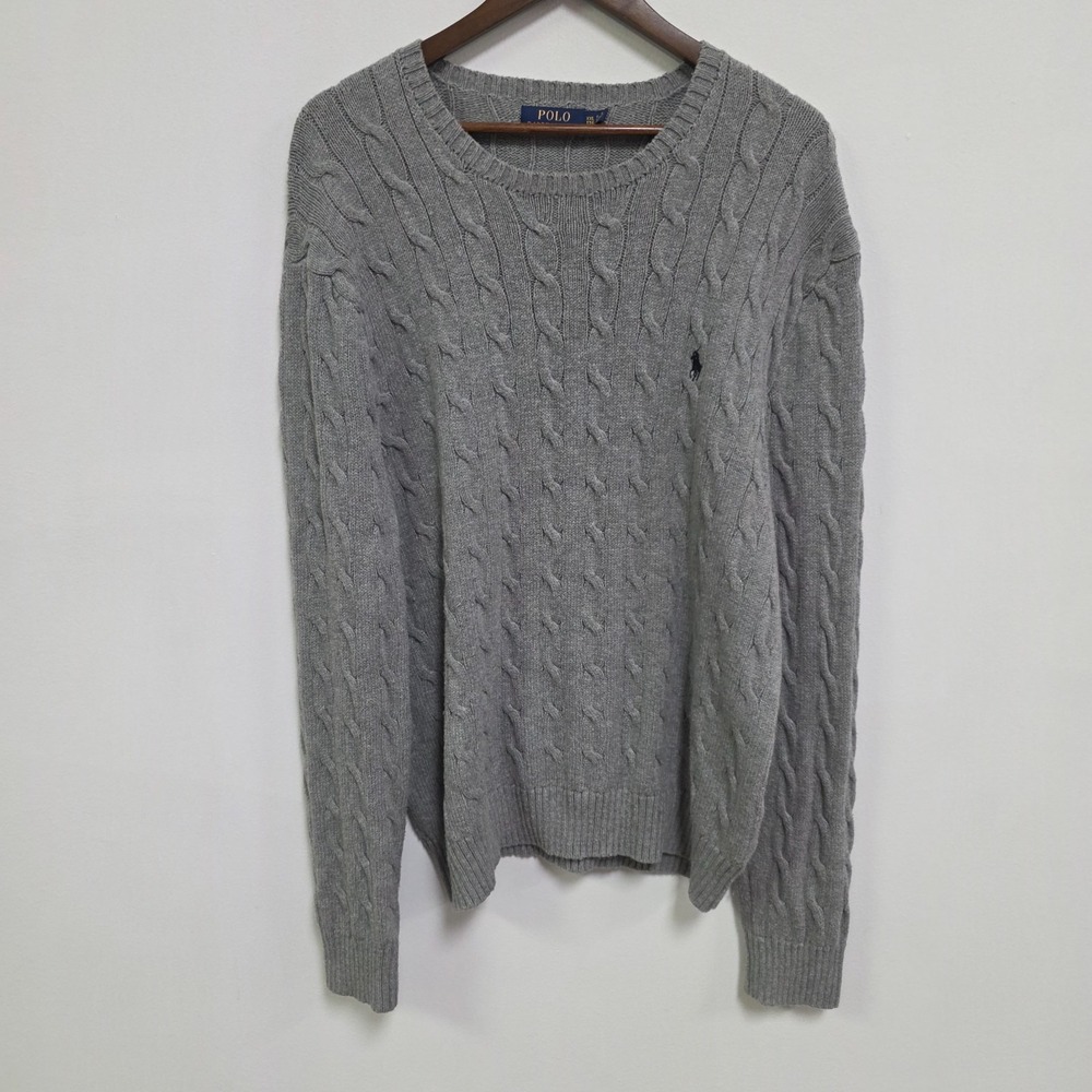 Polo Ralph Lauren Mens Cable Knit Cotton Sweater Size XXL Gray Preppy Academia
